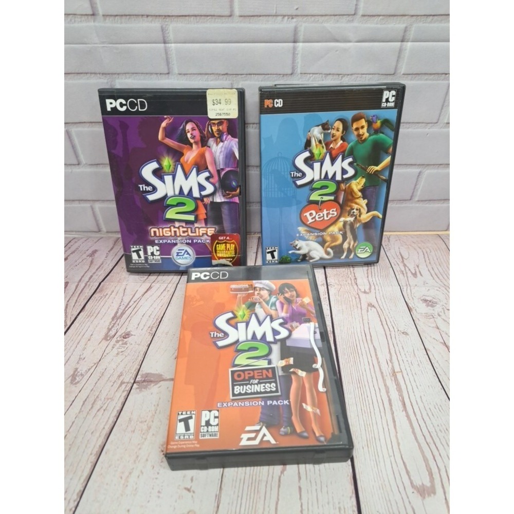 Lot Of 3, Sims 2 PC CD Game Collection, Nightlife, Open For Business, Pets Exp